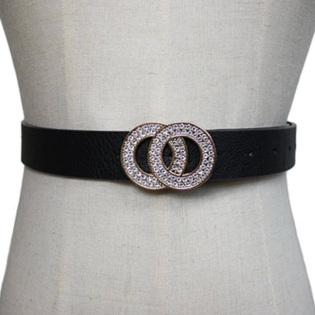 Black Belt With Rhinestone Interlocking Buckle Fits Up To 45 Inch Waist